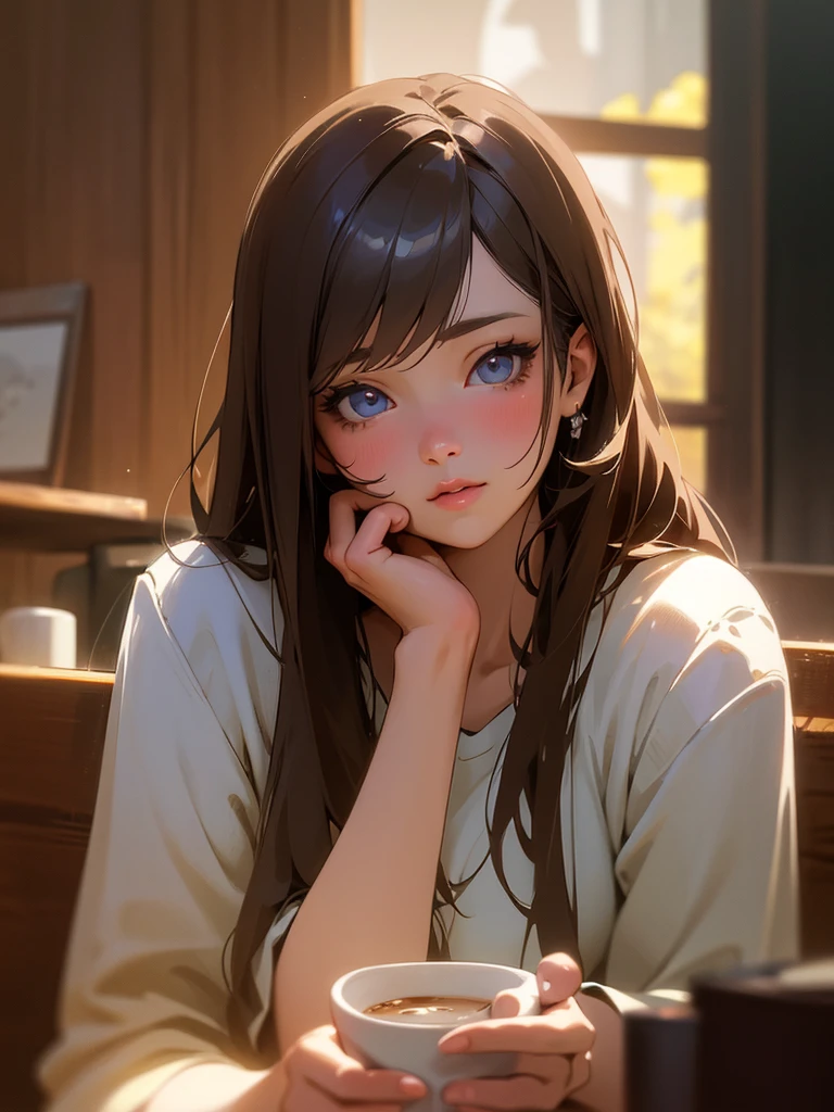 a beautiful detailed eyes, beautiful detailed lips, extremely detailed eyes and face, long eyelashes, realistic young anime girl, cute natural anime face, kawaii realistic portrait, realistic anime 3d style, cute kawaii girl, attractive anime girl, photorealistic anime, mysterious coffee shop girl, young anime girl, cute anime girl, anime girl with long hair, holding a cup of coffee, in a coffee shop, cinematic lighting, intricate details, highly detailed, hyper realistic, vibrant colors, soft focus, chiaroscuro lighting, ambient occlusion, volumetric lighting, physically-based rendering, masterpiece, digital art, 8k, high resolution