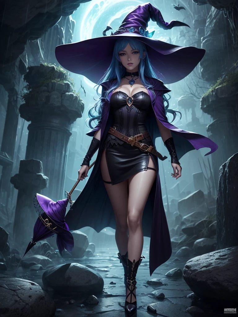 In the middle of so the storm on the stone field stand beatiful witch, she have a beautiful face with blue eyes shining purple lipstick and purple eye shadows, she have long blue hair with purple highlights, she dressed in black long coat short skirt high heels shoes and witch hat on her head , there is lighnings all around her, (ultra high quality fantasy art, anime fantasy style, masterpiece, ultra high quality character design, 8k quality anime art, realistic anime art, top quality wallpaper illustration, detailed ultra high quality accurate face, high quality design and accurate physic)