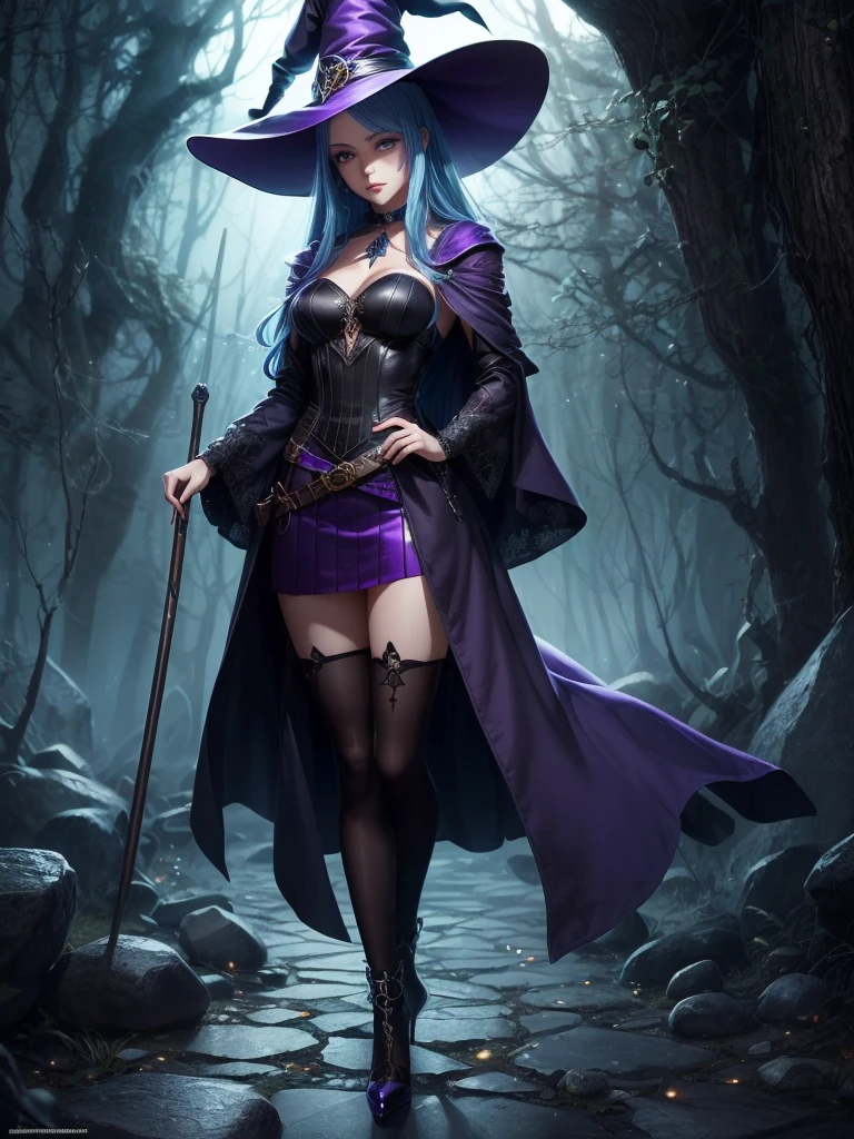 In the middle of so the storm on the stone field stand beatiful witch, she have a beautiful face with blue eyes shining purple lipstick and purple eye shadows, she have long blue hair with purple highlights, she dressed in black long coat short skirt high heels shoes and witch hat on her head , there is lighnings all around her, (ultra high quality fantasy art, anime fantasy style, masterpiece, ultra high quality character design, 8k quality anime art, realistic anime art, top quality wallpaper illustration, detailed ultra high quality accurate face, high quality design and accurate physic)