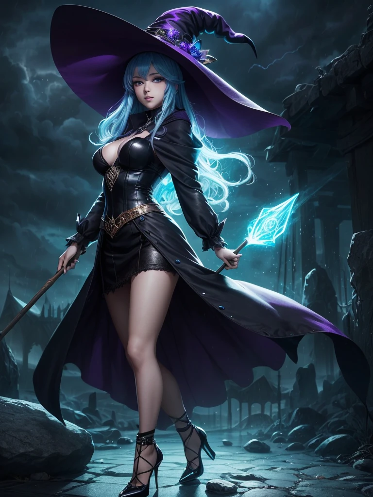 In the middle of so the storm on the stone field stand beatiful witch, she have a beautiful face with blue eyes shining purple lipstick and purple eye shadows, she have long blue hair with purple highlights, she dressed in black long coat short skirt high heels shoes and witch hat on her head , there is lighnings all around her, (ultra high quality fantasy art, anime fantasy style, masterpiece, ultra high quality character design, 8k quality anime art, realistic anime art, top quality wallpaper illustration, detailed ultra high quality accurate face, high quality design and accurate physic)