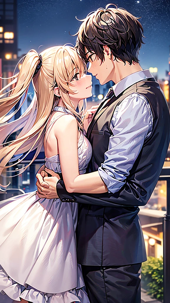 a man and a woman embracing, a couple kissing, night sky with a moon, blurred city background, full hd, 
[Magical (SDXL)]