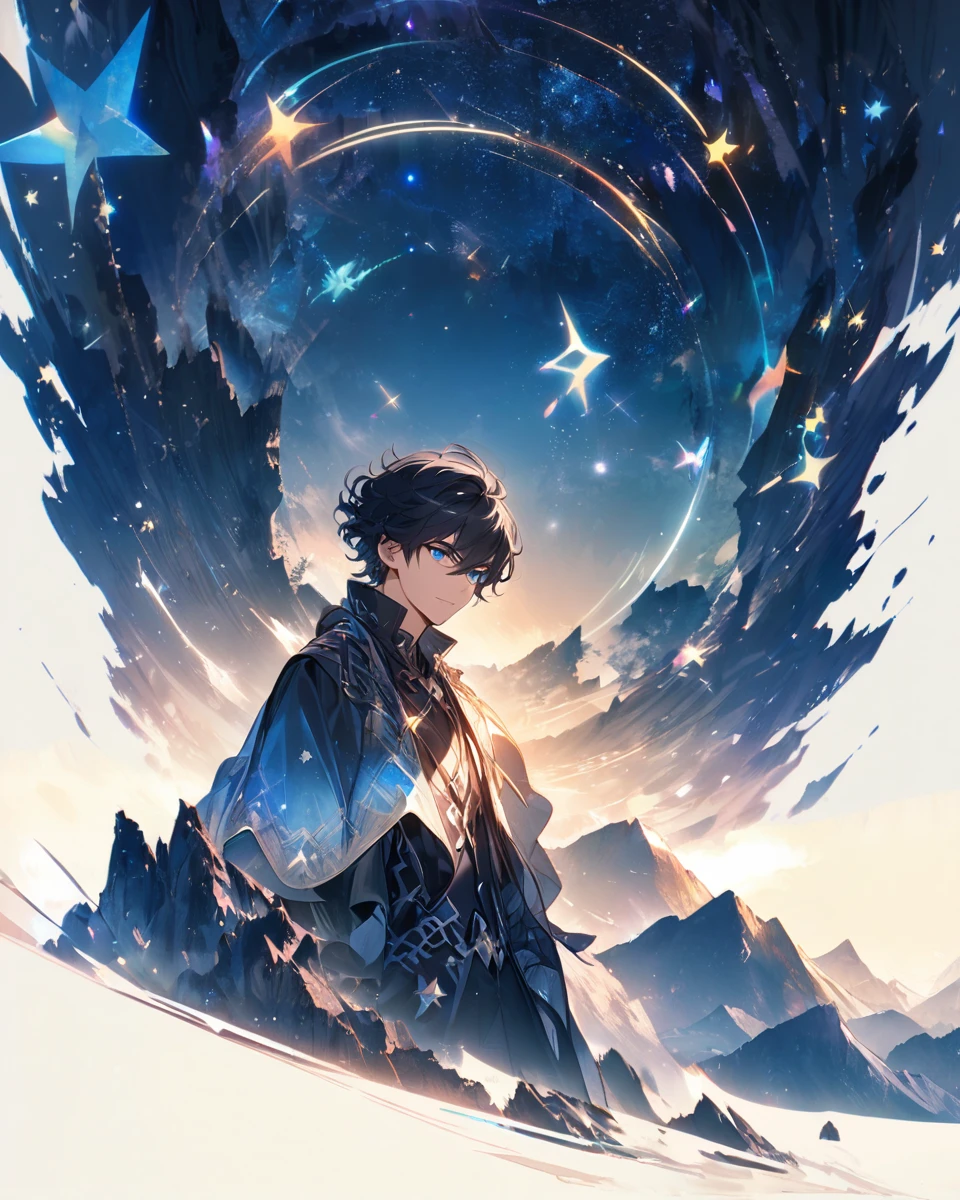 Boy (black hair, wavy hair, short hair, blue eyes, dark clothes), stars, mountains, mystic way