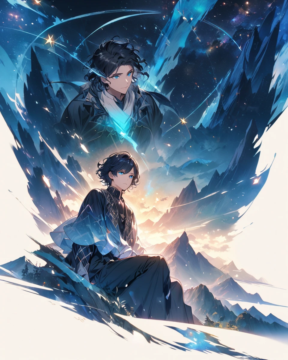 Boy (black hair, wavy hair, short hair, blue eyes, dark clothes), stars, mountains, mystic way