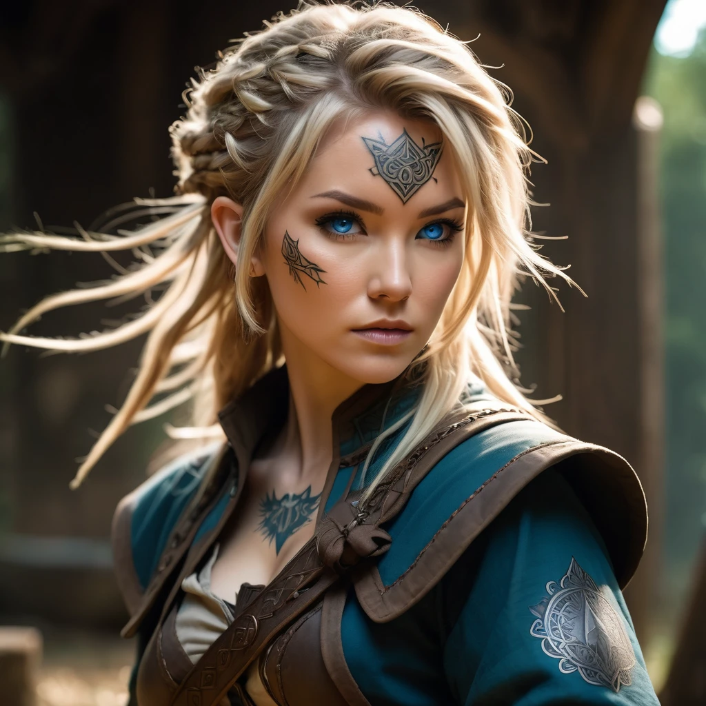 (1 female:1.5), solo, wearing gambeson, ((rune tattoos)), ((Face tattoos)), fullbody, attacking viewer with fists, detailed elf druid girl, slim body, (smirk:1.1), (nose blush:1.1), (big blue eyes:1.1), (blond hair:1.1), beautiful detailed face, messy hair, (hairstyle:sitecut), cinematic lighting, shot on canon 5d, Greg Rutkowski, Yoji Shinkawa:0.6,