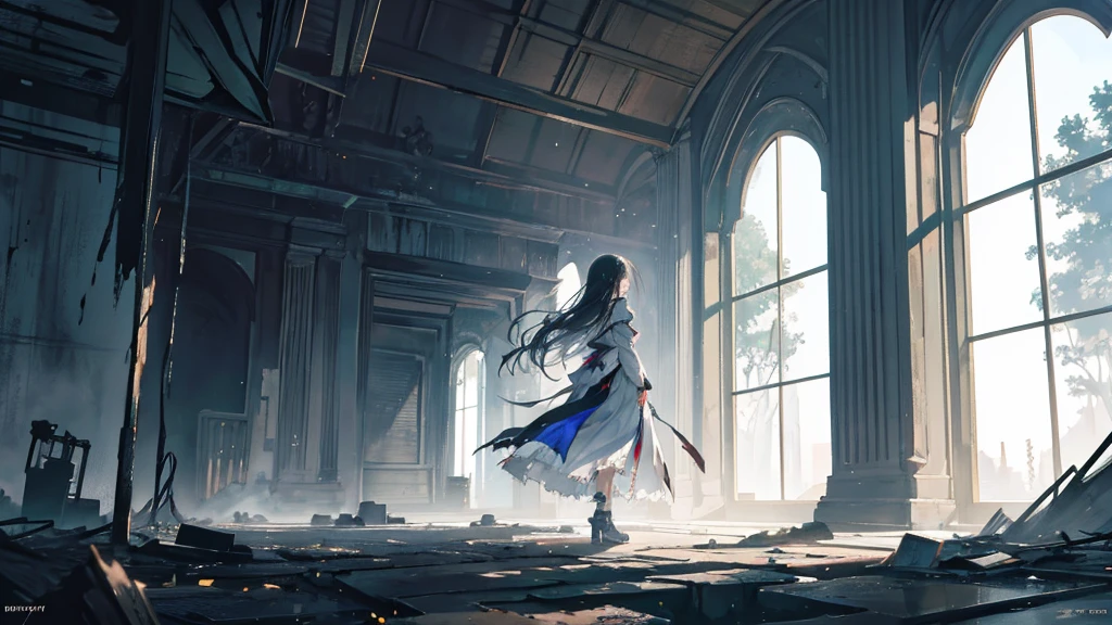 An anime girl standing alone in the dim light of the morning, with a serene yet determined expression on her face. The background shows the remnants of a fantasy world crumbling away, symbolizing the deceitful charm and lies she has left behind. The scene is filled with shadows receding as the truth is unveiled, and the first light of dawn begins to break through. She is dressed in flowing garments that hint at a past masquerade, now torn and discarded. Her eyes are clear and focused, symbolizing her newfound clarity and strength. The atmosphere is one of liberation and healing, with soft, natural lighting enhancing the emotional depth. In the distance, there are hints of a new, hopeful beginning, as she walks away from the shadows of her past.
