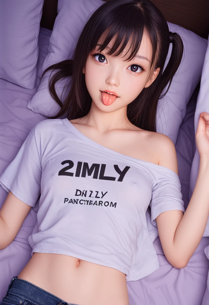 ollarbone,pastel colors t-shirt,off-shoulder look,bare shoulder,midriff peek,micro shorts,open mouth,(tongue out:2),lying,Selfie,looking ahead,from above,front view,upper body,(1girl,Beautiful 14 year old girl),((Slender,Small breasts,Small face,)),looking at viewer,Black Hair,bangs,one side up,Beautiful and detailed,Mischievous smile,(Dimly lit room:1.5),Simple Background,bed,pillow,best quality,Brilliant Quality