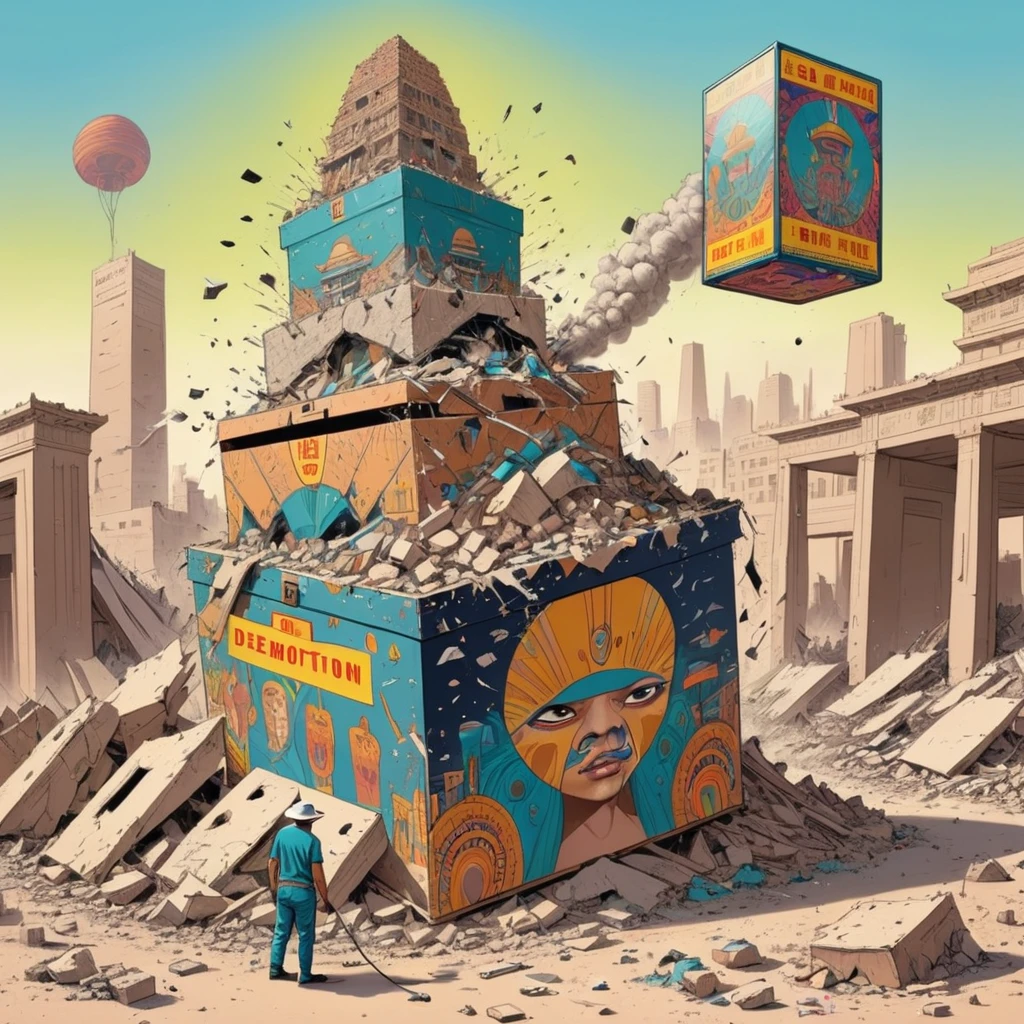 Demolition of giant, [Egyptian Art|screen print] go through ([Zhou Fang:0.3]:1.3) , [Anime Line Art:0.2], [Hat Box:0.1], [[Greenism|Psychedelic Art]:0.1], Surrealism
