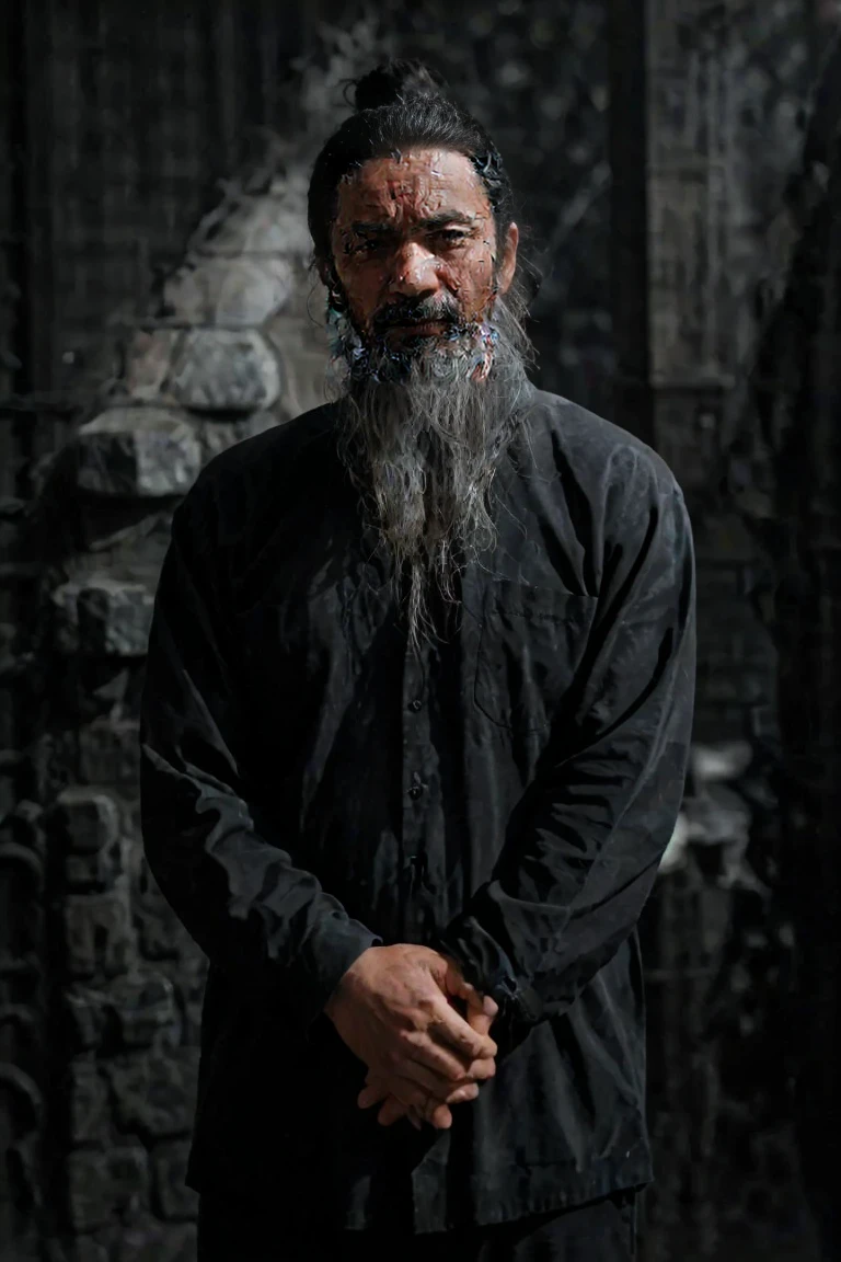 Create an image of a 35-year-old Latino man with a long Spartan-style beard. The beard is dense, well-groomed, and extends down his chest, giving him a rugged and imposing appearance. He has long, straight hair tied back in a samurai-style bun, adding to the edgy rock vibe. His jawline is strong and angular, with pronounced lines. His eyes are deep and expressive, with thick eyebrows adding intensity to his gaze. His skin is slightly tanned, reflecting his Latino heritage.

He is dressed in a long black shirt, exuding a rock 'n' roll aesthetic. The scene is entirely in black and white, creating a stark, dramatic effect. The man is positioned in the background, completely hidden in the shadows, with only faint outlines and subtle highlights hinting at his presence and attire.

The background is softly blurred with muted tones, emphasizing the dark and brooding presence of the figure. The minimal, dramatic lighting casts deep shadows that obscure most of his features, contributing to a haunting and atmospheric rock 'n' roll feel. Ensure the overall image maintains a monochromatic black and white palette to enhance the intense and mysterious atmosphere.