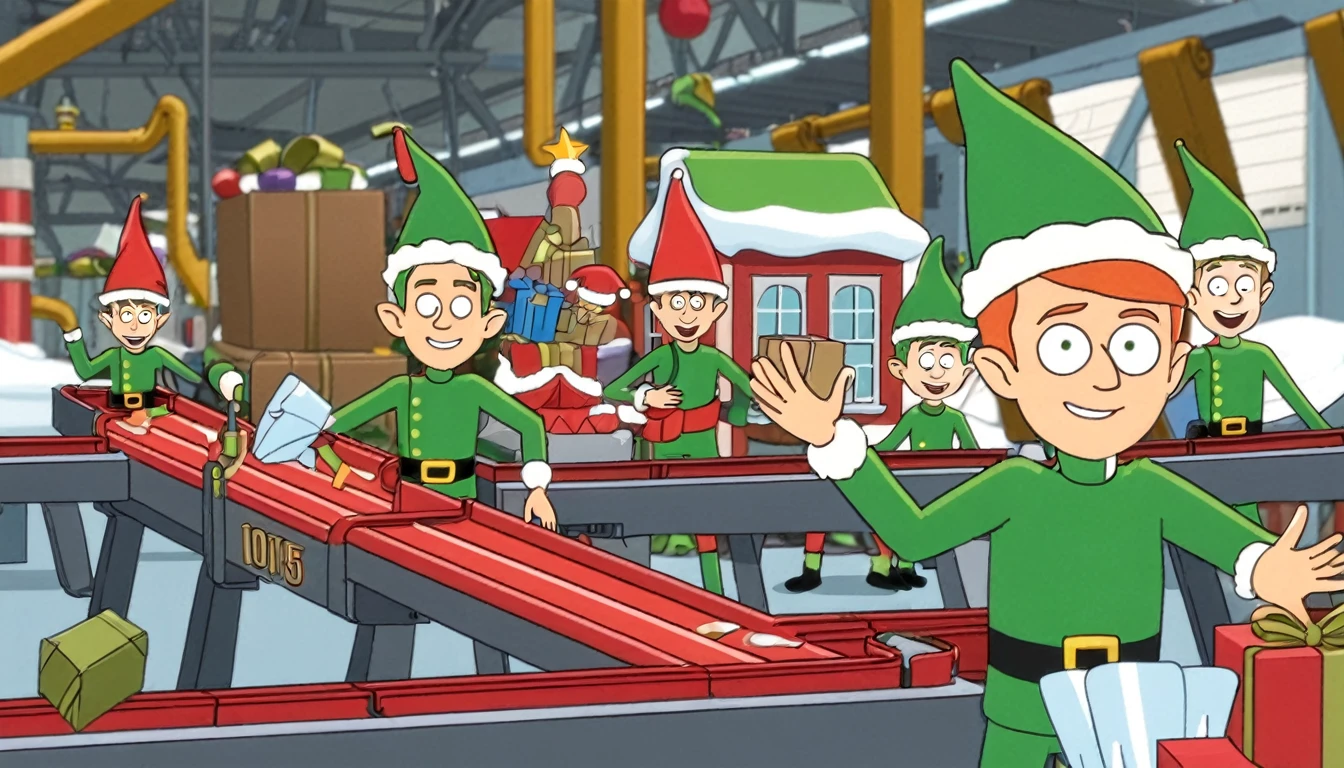 Toy factory,Christmas themed, conveyor belt, working elves.