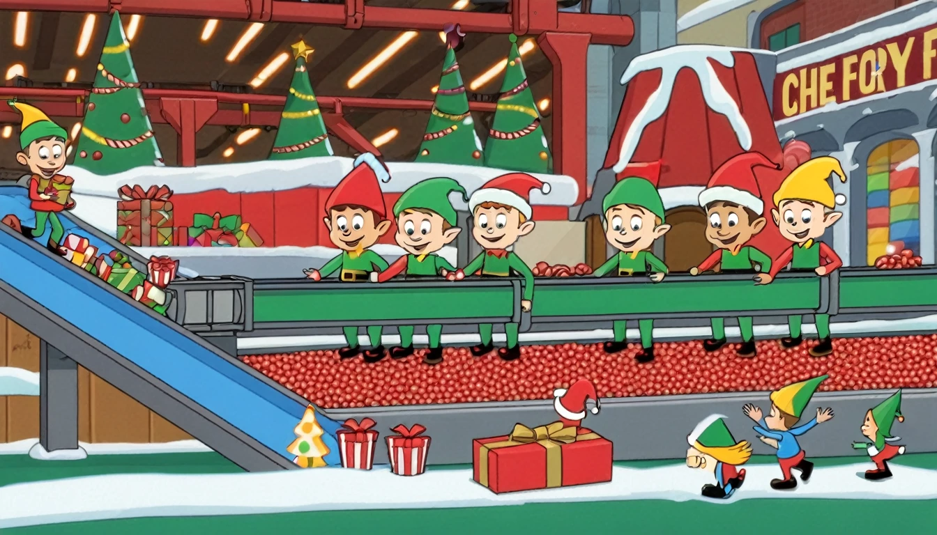 Toy factory,Christmas themed, conveyor belt, working elves.