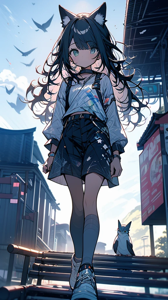 Exquisite detail,Highest quality, One girl, alone, handrail, cloud, Looking up at the buildings,Long Hair, zero, Long sleeve, Power lines, White footwear, Black Hair, View your viewers, Electric pole, bangs, cloudy zero, fish, bird, Green Eyes, Shorts, Day, Black Shirt, barefoot,Blue sky,Star,milky way,Pitch black,Buildings,Standing and looking up,Loose perm, Fuji Mountain,