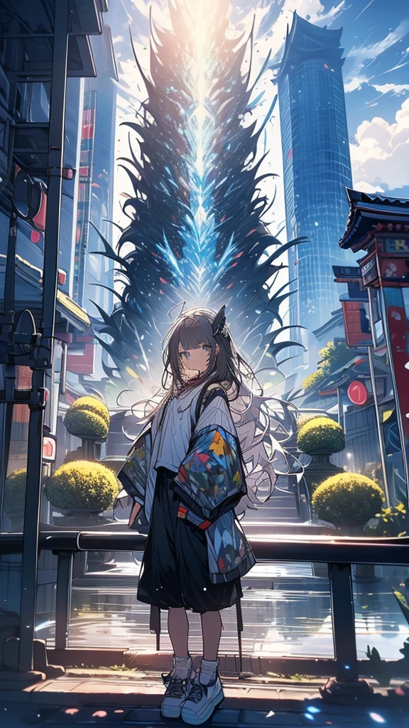 Exquisite detail,Highest quality, One girl, alone, handrail, cloud, Looking up at the buildings,Long Hair, zero, Long sleeve, Power lines, White footwear, Black Hair, View your viewers, Electric pole, bangs, cloudy zero, fish, bird, Green Eyes, Shorts, Day, Black Shirt, barefoot,Blue sky,Star,milky way,Pitch black,Buildings,Standing and looking up,Loose perm, Fuji Mountain,