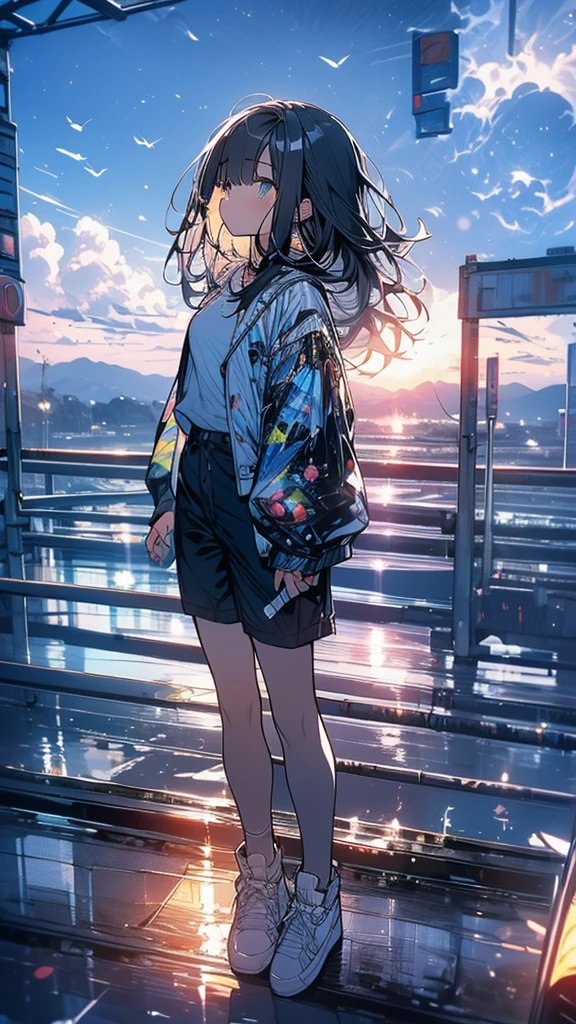 Exquisite detail,Highest quality, One girl, alone, handrail, cloud, Looking up at the buildings,Long Hair, zero, Long sleeve, Power lines, White footwear, Black Hair, View your viewers, Electric pole, bangs, cloudy zero, fish, bird, Green Eyes, Shorts, Day, Black Shirt, barefoot,Blue sky,Star,milky way,Pitch black,Buildings,Standing and looking up,Loose perm, Fuji Mountain,