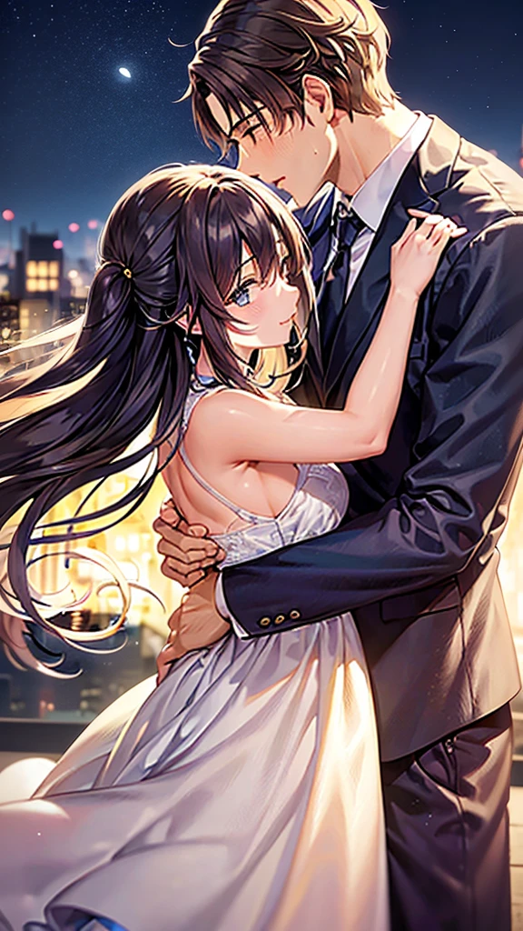 a man and a woman embracing, a couple kissing, night sky with a moon, blurred city background, full hd, 
[Magical (SDXL)]