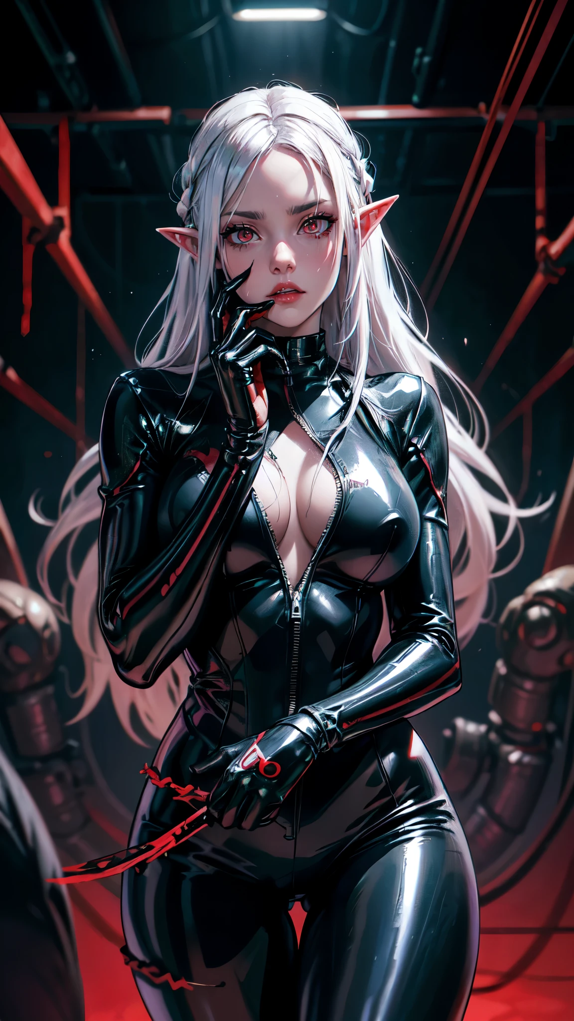 masterpiece， best quality， 8K， Digital painting， 1 girl， solo， stand up， youth， White hair， long white hair， hair accessories， red eyes， round pupils， Emotionless expression， blood stains， Mechanical Parts， electric wire， cable， failure effect， horrifying， science fiction， futuristic， Dark inside the background， neon lights， cyberpunk characters， Surreal， weird， Disturbing， spine-chilling， horrifying， jumpsuit，Red eyes，Venom Possession，blackened，Long black gloves，One-piece Pants，tight latex bodysuit，Highlight her graceful figure,wrap the whole body，symbiont，（（Raised sexy）），jumpsuit，Red eyes，Venom Possession，blackened，Long black gloves，One-piece Pants，Black latex clothing，Blood-red eyes，best quality, High resolution, Super detailed, Vivid textures, mask, tight latex bodysuit, Bangs,purple hair, blue eyes,,etailed face, detailed eyes, detailed hands,elf woman, detailed HANDS
