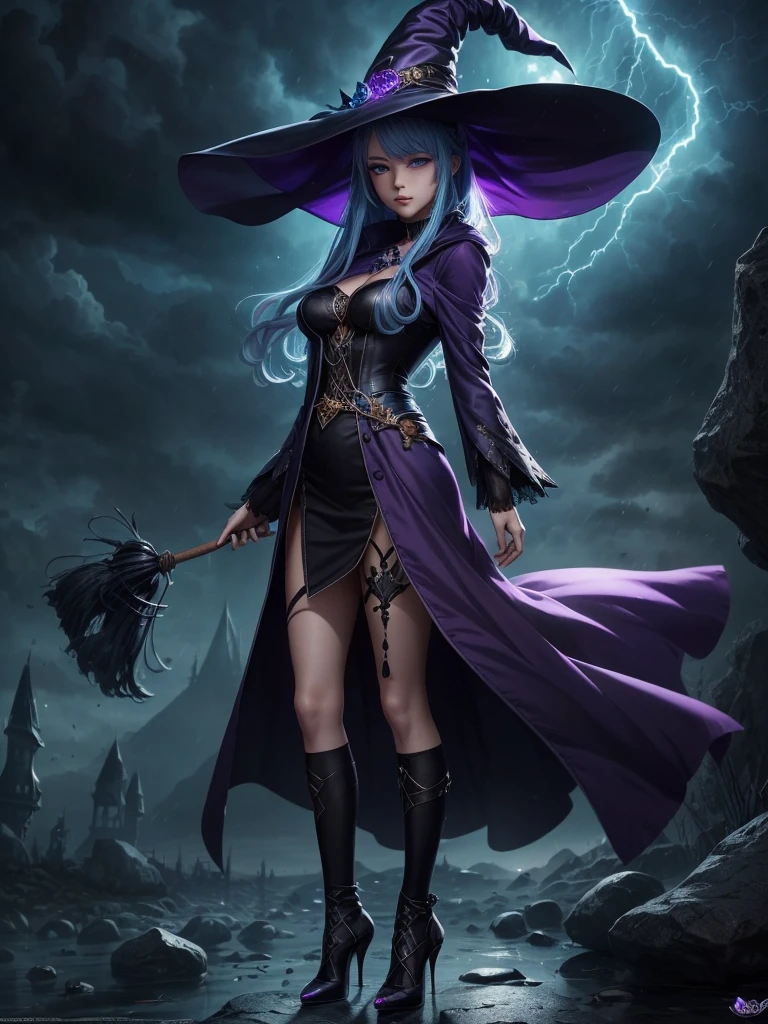 In the middle of so the storm on the stone field stand beatiful witch, she have a beautiful face with blue eyes shining purple lipstick and purple eye shadows, she have long blue hair with purple highlights, she dressed in black long coat short skirt high heels shoes and witch hat on her head , there is lighnings all around her, (ultra high quality fantasy art, anime fantasy style, masterpiece, ultra high quality character design, 8k quality anime art, realistic anime art, top quality wallpaper illustration, detailed ultra high quality accurate face, high quality design and accurate physic)