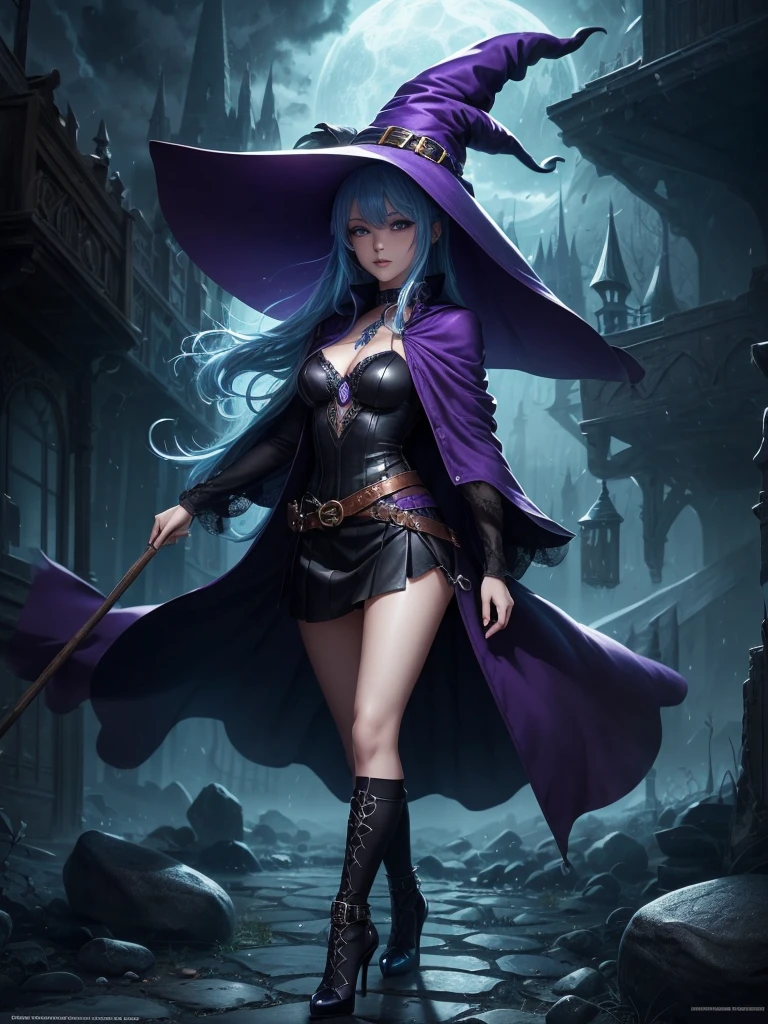 In the middle of so the storm on the stone field stand beatiful witch, she have a beautiful face with blue eyes shining purple lipstick and purple eye shadows, she have long blue hair with purple highlights, she dressed in black long coat short skirt high heels shoes and witch hat on her head , there is lighnings all around her, (ultra high quality fantasy art, anime fantasy style, masterpiece, ultra high quality character design, 8k quality anime art, realistic anime art, top quality wallpaper illustration, detailed ultra high quality accurate face, high quality design and accurate physic)
