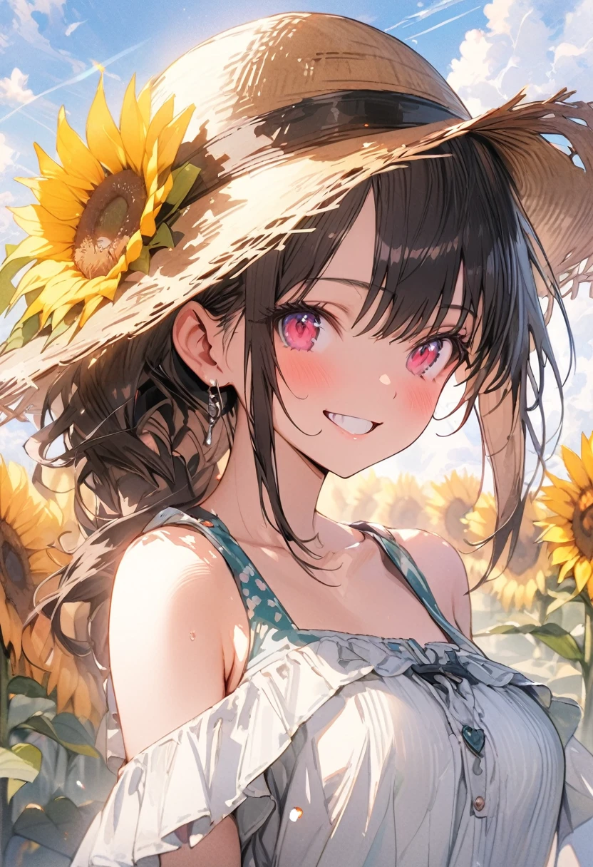 cute girl, wearing a off_shoulder wear, denim jeans, straw hat, smile, (masterpiece, best quality, highly detailed, ultra detailed, absurdres:1.3), (1girl, cute, charming, detailed beautiful face:1.3), (fantastic illustration, beautiful detail, best quality, top quality, high quality, fain touch outline:1.3), watercolor, clear, beautiful detail, background sunflower field, blue sky, summer, beautiful detail