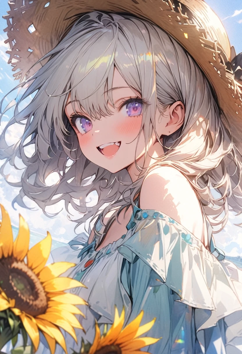 cute girl, wearing a off_shoulder wear, denim jeans, straw hat, smile, (masterpiece, best quality, highly detailed, ultra detailed, absurdres:1.3), (1girl, cute, charming, detailed beautiful face:1.3), (fantastic illustration, beautiful detail, best quality, top quality, high quality,  fain touch outline:1.3), watercolor, clear, beautiful detail, background sunflower field, blue sky, summer, beautiful detail