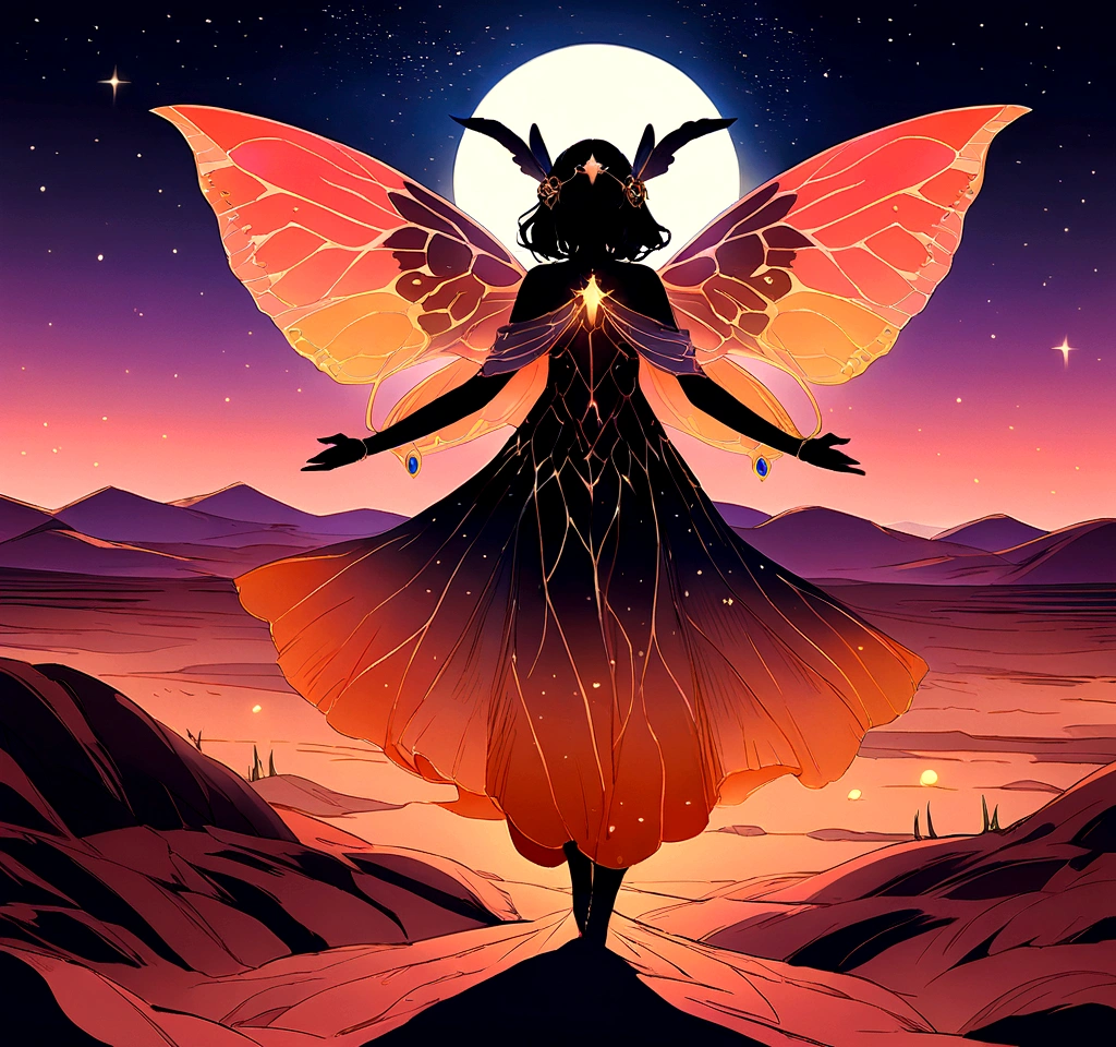 Rear view of an ethereal goddess of the night, a vibrant black woman with moth wings gracefully strolling through the mystical desert landscape. This mesmerizing image, reminiscent of an otherworldly album cover, exudes a captivating aestheticism. No fundo, the arid desert is adorned with glowing footprints, illuminated by a celestial glow that casts iridescent light upon them. As the moon and stars light up the night sky, surreal photography captures the charm of this scene, transporting the viewer to a realm beyond imagination.