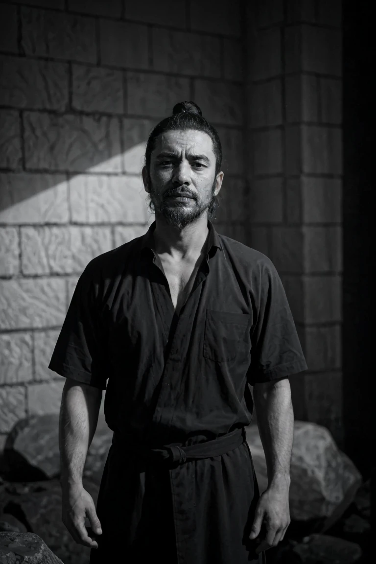 Create an image of a 35-year-old Latino man with a long Spartan-style beard. The beard is dense, well-groomed, and extends down his chest, giving him a rugged and imposing appearance. He has long, straight hair tied back in a samurai-style bun, adding to the edgy rock vibe. His jawline is strong and angular, with pronounced lines. His eyes are deep and expressive, with thick eyebrows adding intensity to his gaze. His skin is slightly tanned, reflecting his Latino heritage.

He is dressed in a long black shirt, exuding a rock 'n' roll aesthetic. The scene is entirely in black and white, creating a stark, dramatic effect. The man is positioned in the background, completely hidden in the shadows, with only faint outlines and subtle highlights hinting at his presence and attire.

The background is softly blurred with muted tones, emphasizing the dark and brooding presence of the figure. The minimal, dramatic lighting casts deep shadows that obscure most of his features, contributing to a haunting and atmospheric rock 'n' roll feel. Ensure the overall image maintains a monochromatic black and white palette to enhance the intense and mysterious atmosphere.