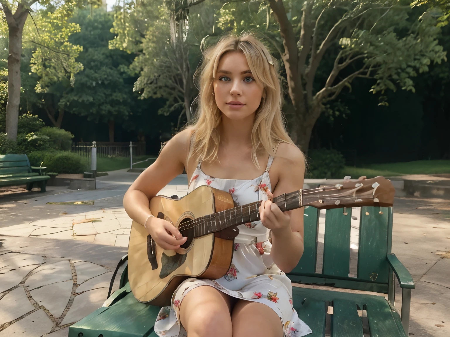 (best quality)), ((masterpiece)), (detailed), (photorealism:1.4), 8k, 1girl, 19 years, blonde hair, natural body, eye makeup, perfect hands, five fingers. flowered dress, sitting in a park bench, playing guitar, day, sunlight