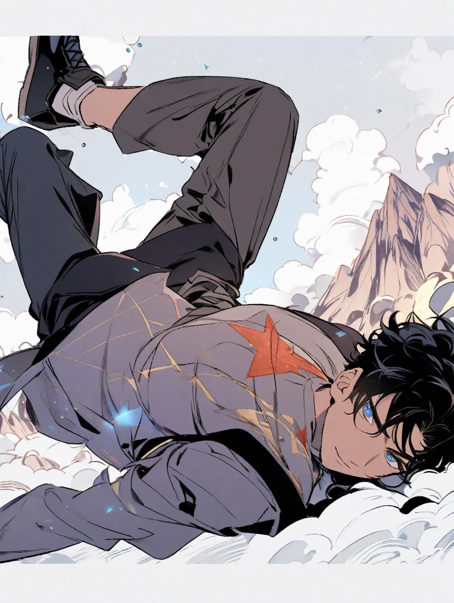 Boy (black hair, wavy hair, short hair, blue eyes, dark clothes), stars, mountains, mystic way