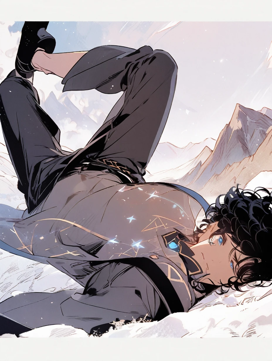 Boy (black hair, wavy hair, short hair, blue eyes, dark clothes), stars, mountains, mystic way