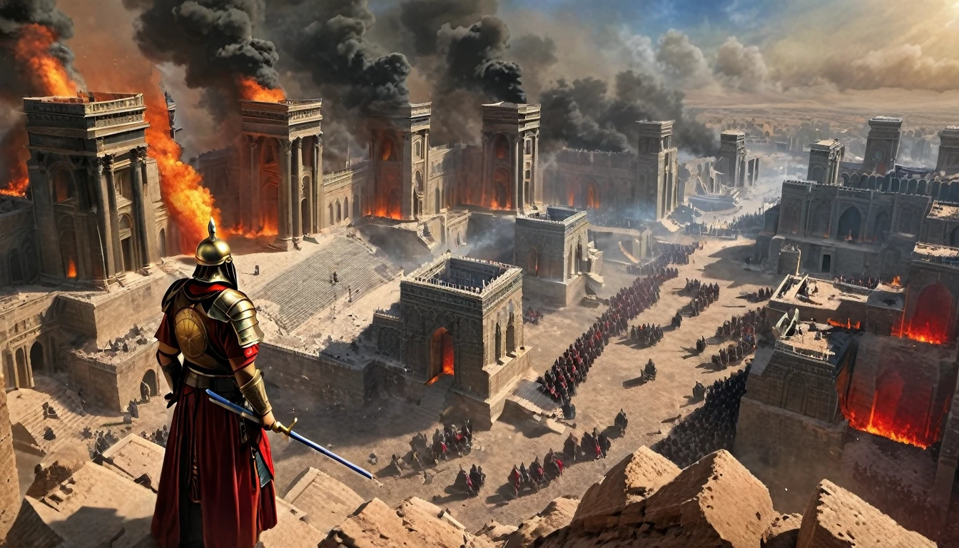 HDR, BEST IMAGE, COLOR, A WARRIOR FROM THE ARMY OF GOD JEHOVAH, WITH SWORD AND RED COVER, IN FRONT OF THE RUINAGE OF DESTROYED BABYLON, FALLEN TOWERS, RUBBISH, SMOKE, COLOR IMAGE, RUINS ON THE GROUND, FIRE, JEWISH MULER CRYING