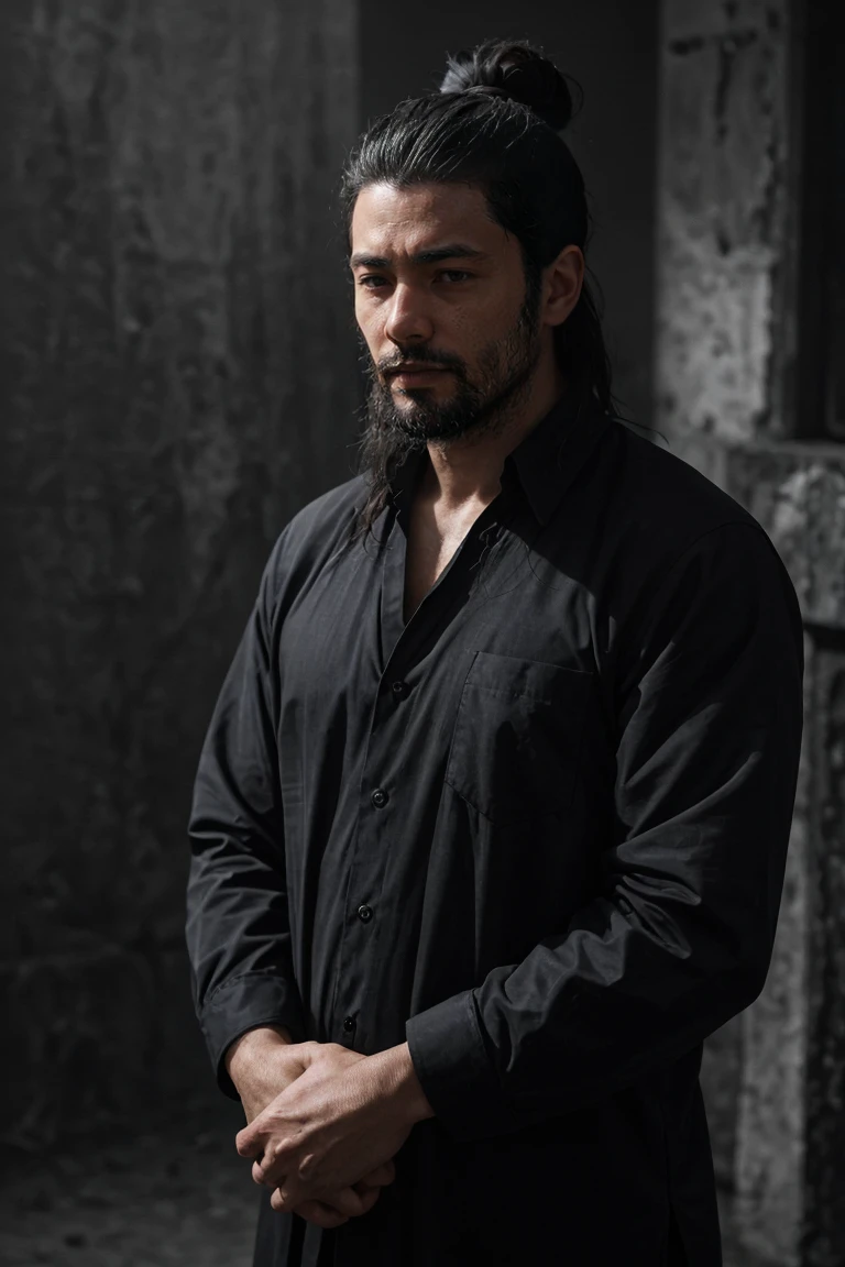 Create an image of a 35-year-old Latino man with a long Spartan-style beard. The beard is dense, well-groomed, and extends down his chest, giving him a rugged and imposing appearance. He has long, straight hair tied back in a samurai-style bun, adding to the edgy rock vibe. His jawline is strong and angular, with pronounced lines. His eyes are deep and expressive, with thick eyebrows adding intensity to his gaze. His skin is slightly tanned, reflecting his Latino heritage.

He is dressed in a long black shirt, exuding a rock 'n' roll aesthetic. The scene is entirely in black and white, creating a stark, dramatic effect. The man is positioned in the background, completely hidden in the shadows, with only faint outlines and subtle highlights hinting at his presence and attire.

The background is softly blurred with muted tones, emphasizing the dark and brooding presence of the figure. The minimal, dramatic lighting casts deep shadows that obscure most of his features, contributing to a haunting and atmospheric rock 'n' roll feel. Ensure the overall image maintains a monochromatic black and white palette to enhance the intense and mysterious atmosphere.