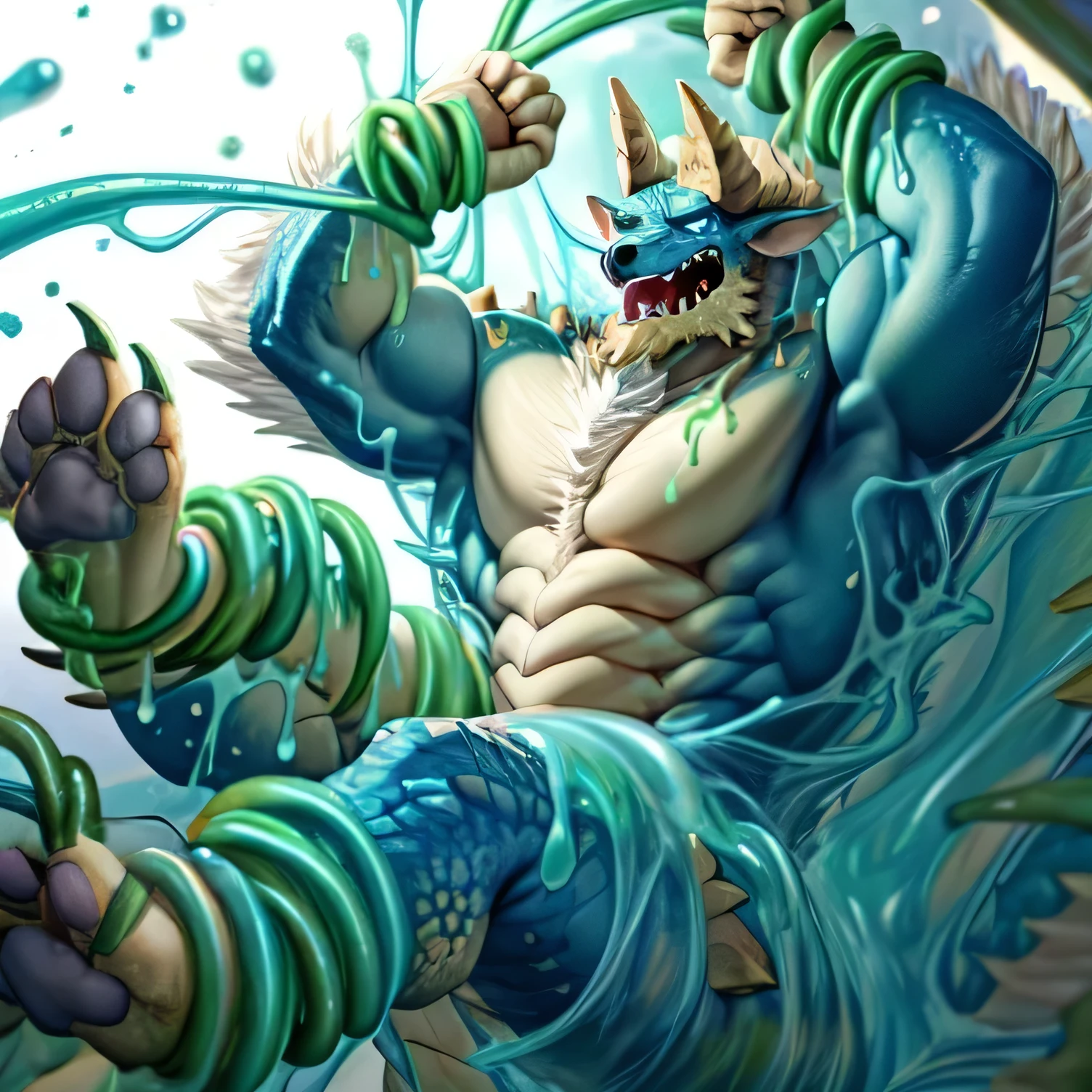 anthropology,(zinogre:1.2),Tail,((whole body,blue eyes, Blue body, White furry, Yellow Hand, Feet, Blue face,4 toes,Tail )),,muscular, whole body, (author:null-ghost,From raccoon21,masterpiece,high quality), Night Fight,((boundary)), rest (((Slime monster uses tentacles to fight dragon)),4 toes,struggle, (pain:1.3),frown,annoyed, Worry,full body,pawpads,((horns))