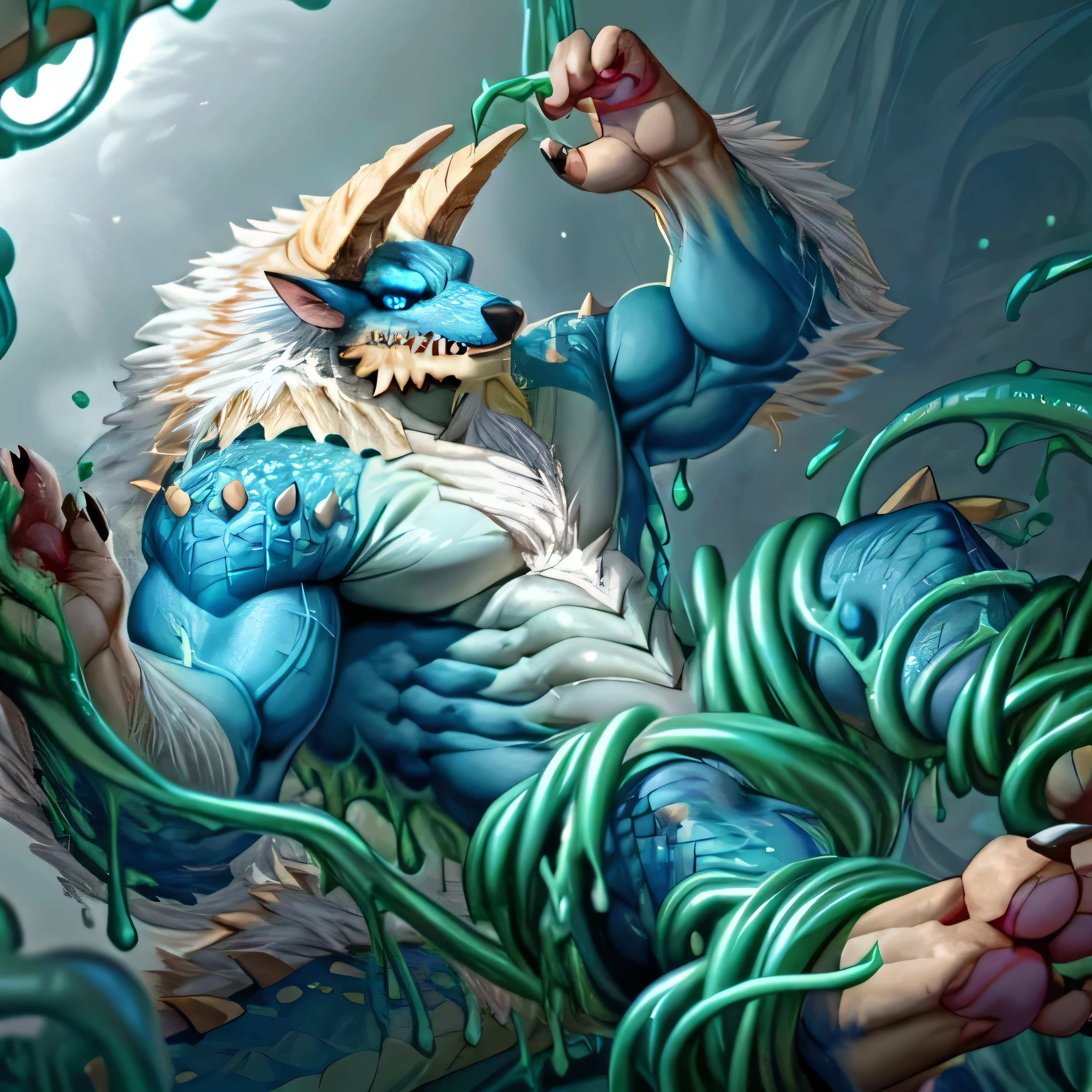 anthropology,(zinogre:1.2),Tail,((whole body,blue eyes, Blue body, White furry, Yellow Hand, Feet, Blue face,4 toes,Tail )),,muscular, whole body, (author:null-ghost,From raccoon21,masterpiece,high quality), Night Fight,((boundary)), rest (((Slime monster uses tentacles to fight dragon)),4 toes,struggle, (pain:1.3),frown,annoyed, Worry,full body,pawpads,((horns))