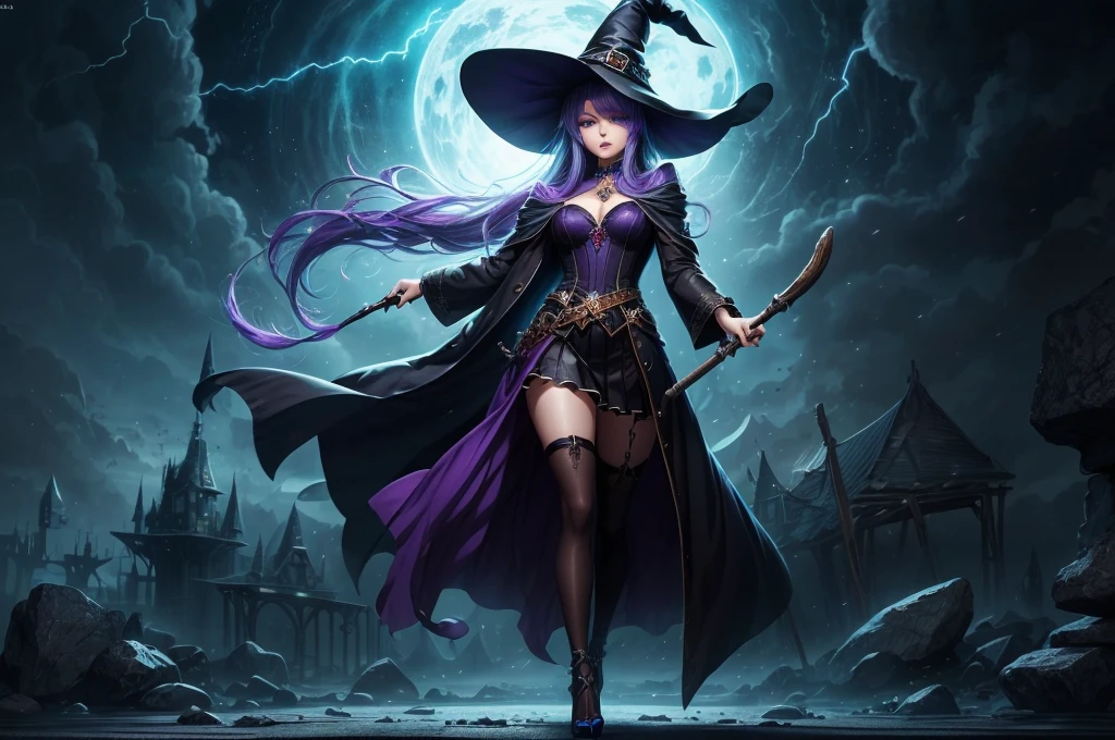 In the middle of so the storm on the stone field stand beatiful witch, she have a beautiful face with blue eyes shining purple lipstick and purple eye shadows, she have long blue hair with purple highlights, she dressed in black long coat short skirt high heels shoes and witch hat on her head , there is lighnings all around her, (ultra high quality fantasy art, anime fantasy style, masterpiece, ultra high quality character design, 8k quality anime art, realistic anime art, top quality wallpaper illustration, detailed ultra high quality accurate face, high quality design and accurate physic)