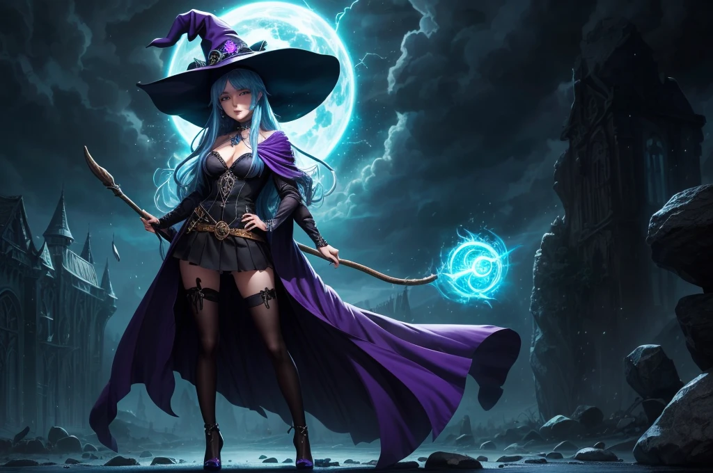 In the middle of so the storm on the stone field stand beatiful witch, she have a beautiful face with blue eyes shining purple lipstick and purple eye shadows, she have long blue hair with purple highlights, she dressed in black long coat short skirt high heels shoes and witch hat on her head , there is lighnings all around her, (ultra high quality fantasy art, anime fantasy style, masterpiece, ultra high quality character design, 8k quality anime art, realistic anime art, top quality wallpaper illustration, detailed ultra high quality accurate face, high quality design and accurate physic)