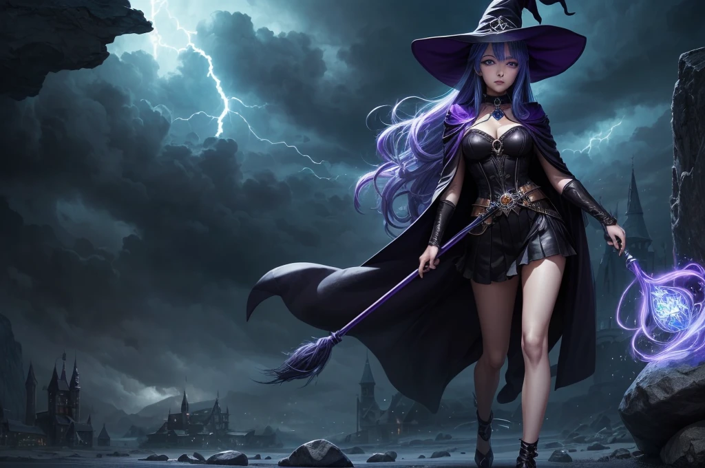 In the middle of so the storm on the stone field stand beatiful witch, she have a beautiful face with blue eyes shining purple lipstick and purple eye shadows, she have long blue hair with purple highlights, she dressed in black long coat short skirt high heels shoes and witch hat on her head , there is lighnings all around her, (ultra high quality fantasy art, anime fantasy style, masterpiece, ultra high quality character design, 8k quality anime art, realistic anime art, top quality wallpaper illustration, detailed ultra high quality accurate face, high quality design and accurate physic)