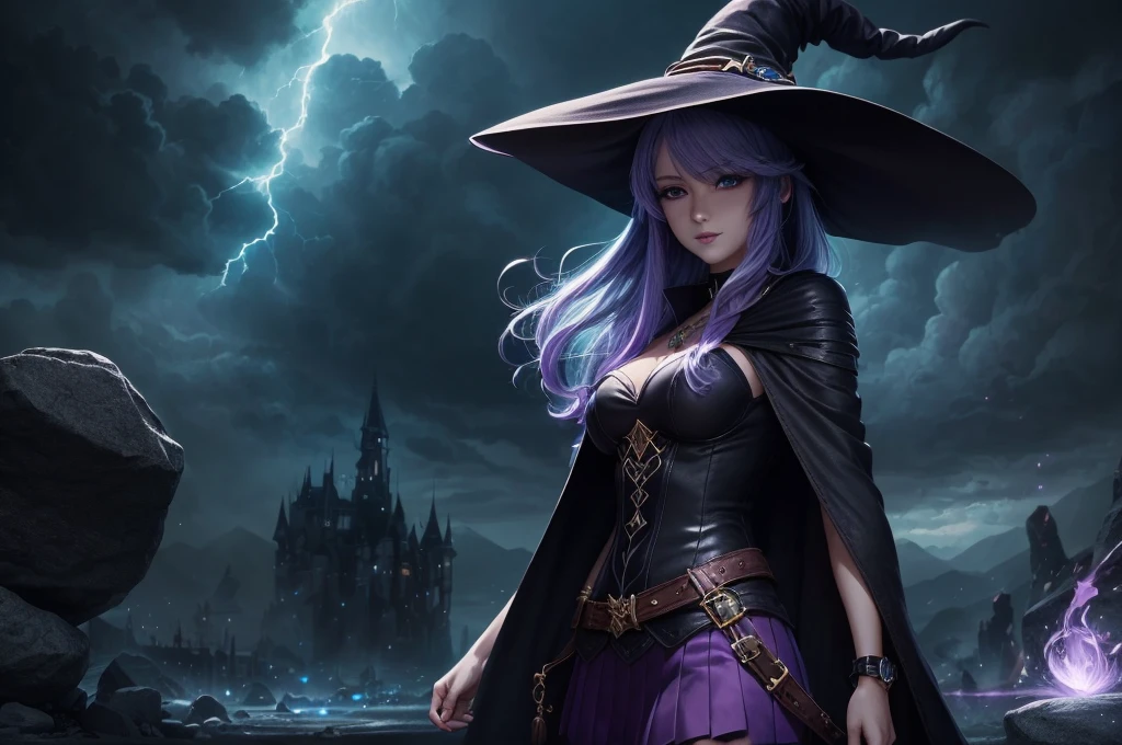 In the middle of so the storm on the stone field stand beatiful witch, she have a beautiful face with blue eyes shining purple lipstick and purple eye shadows, she have long blue hair with purple highlights, she dressed in black long coat short skirt high heels shoes and witch hat on her head , there is lighnings all around her, (ultra high quality fantasy art, anime fantasy style, masterpiece, ultra high quality character design, 8k quality anime art, realistic anime art, top quality wallpaper illustration, detailed ultra high quality accurate face, high quality design and accurate physic)