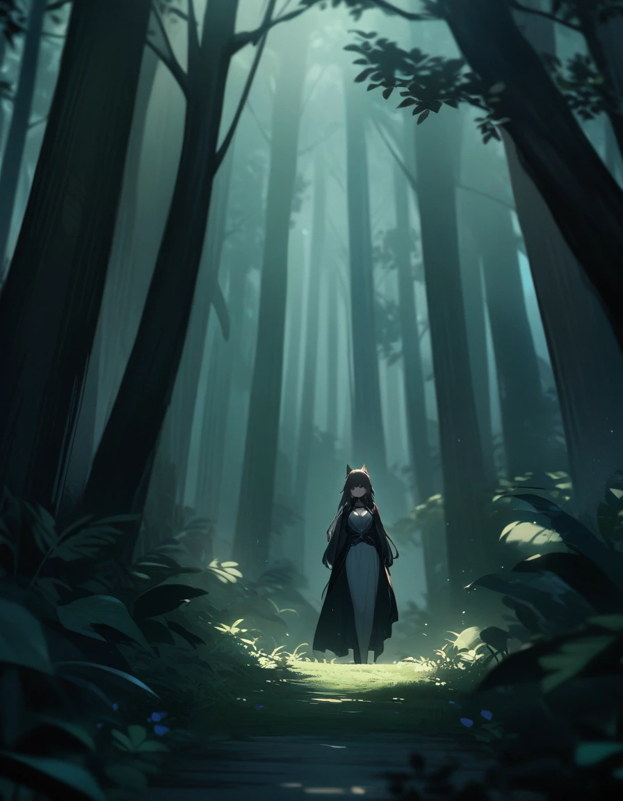 In a dark forest, the ghost of a girl whose body is transparent is sneaking a peek from behind a tree deep in the forest, high quality, high detail, 4k.8k