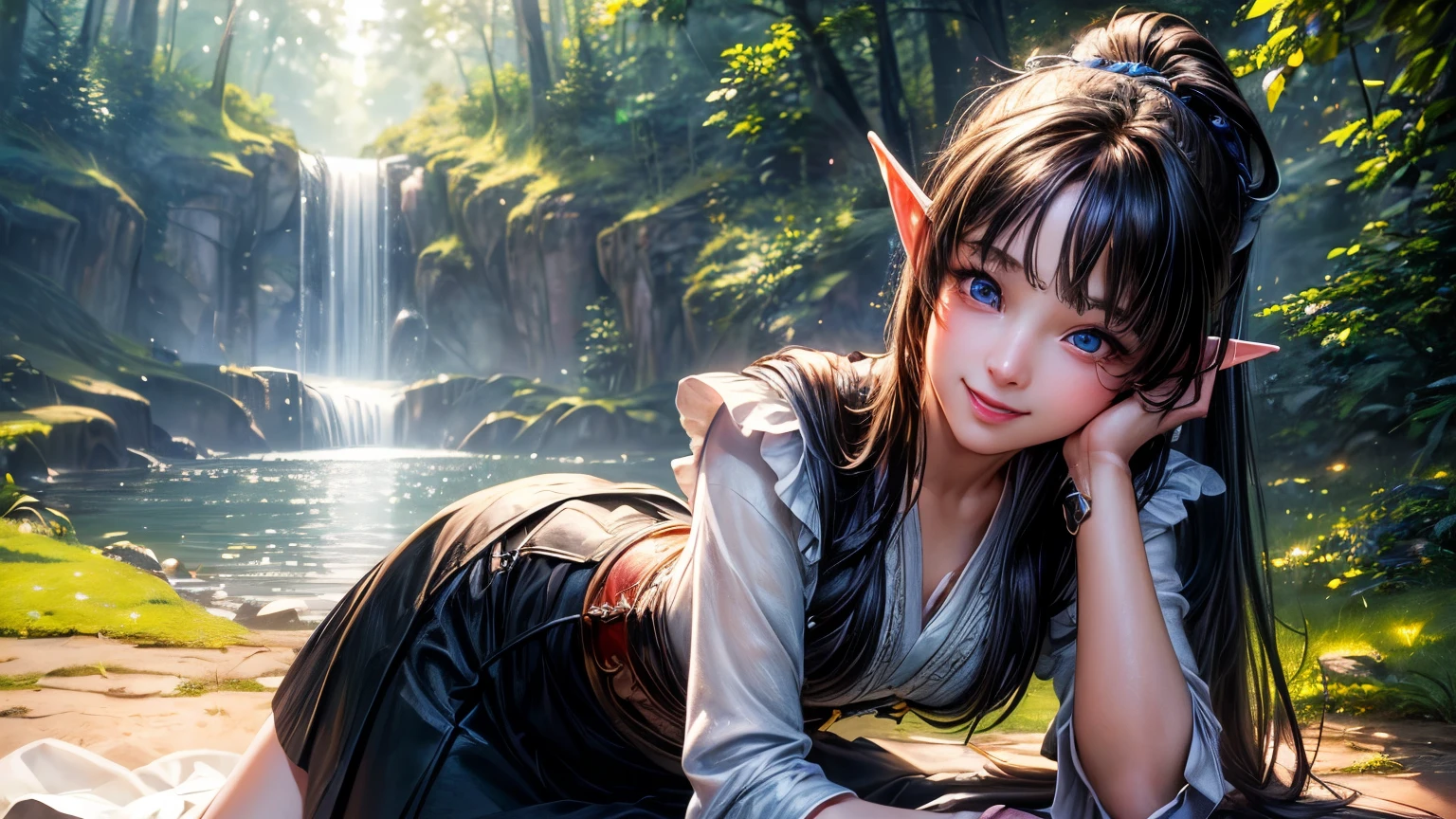 (masterpiece, Highest quality:1.3), (Super detailed:1.2), (hyperRealistic:1.3), (RAW Photos:1.2), High-definition RAW color photos, Professional photos, (PhotoRealistic:1.4), (Realistic:1.4),Professional Lighting, Perfect Anatomy,(Bright smile:1.2),High detail, Sharp focus,One girl,forest,Elf,Long black hair,Ponytail,blue eyes,Long skirt,
