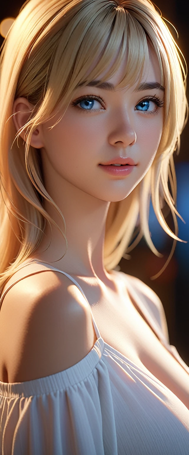 best quality, masterpiece, High resolution, portrait, current, blue eyes, blond, Large Breasts, 8K resolution, high qualityCG, Beautiful CG, Soft Light, The Tyndall effect, lifelike, two-tone lighting, Side lighting, (HD Skin:1.2), 8k ultra high definition, high quality, Volumetric lighting, confess, photography, 超High resolution, 8K, bokeh, Shallow depth of field