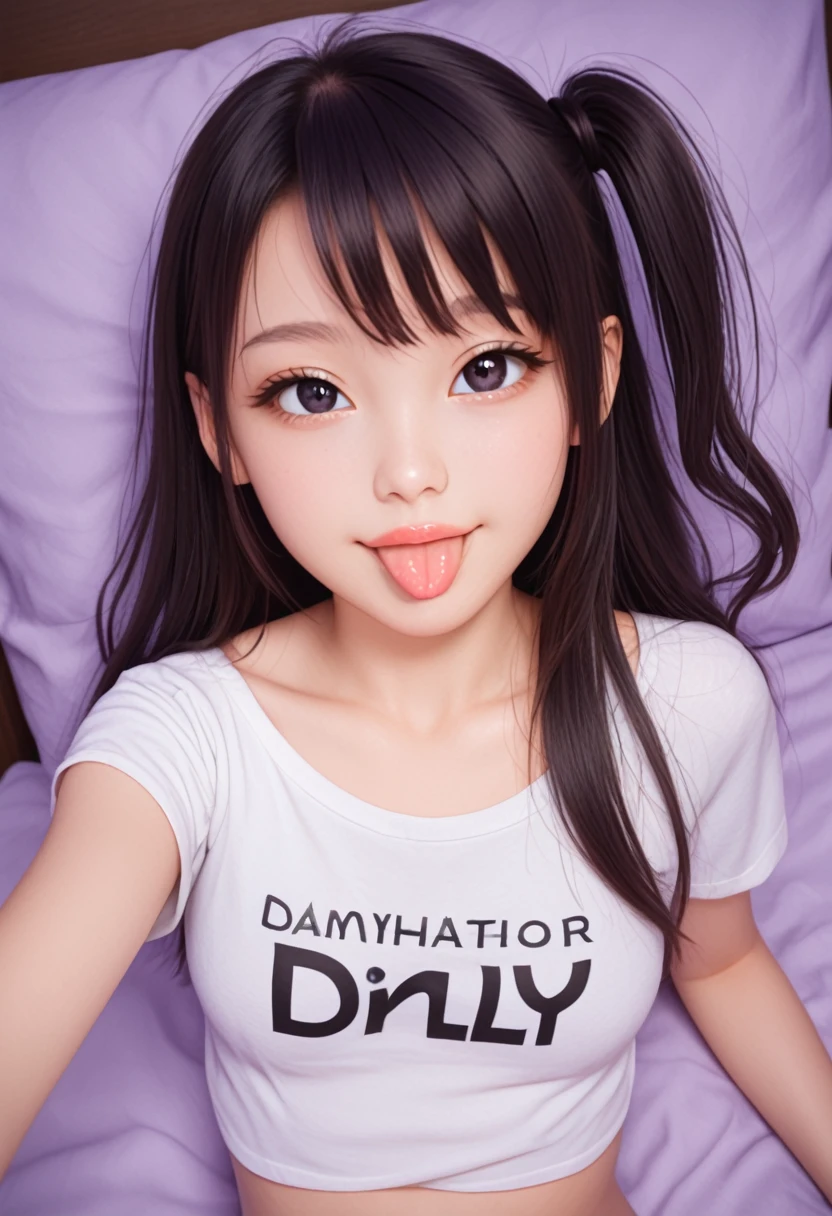 ollarbone,pastel colors t-shirt,off-shoulder look,bare shoulder,midriff peek,tring panties,open mouth,(tongue out:2),lying,Selfie,looking ahead,from above,front view,upper body,(1girl,Beautiful 14 year old girl),((Slender,Small breasts,Small face,)),looking at viewer,Black Hair,bangs,one side up,Beautiful and detailed,Mischievous smile,(Dimly lit room:1.5),Simple Background,bed,pillow,best quality,Brilliant Quality
