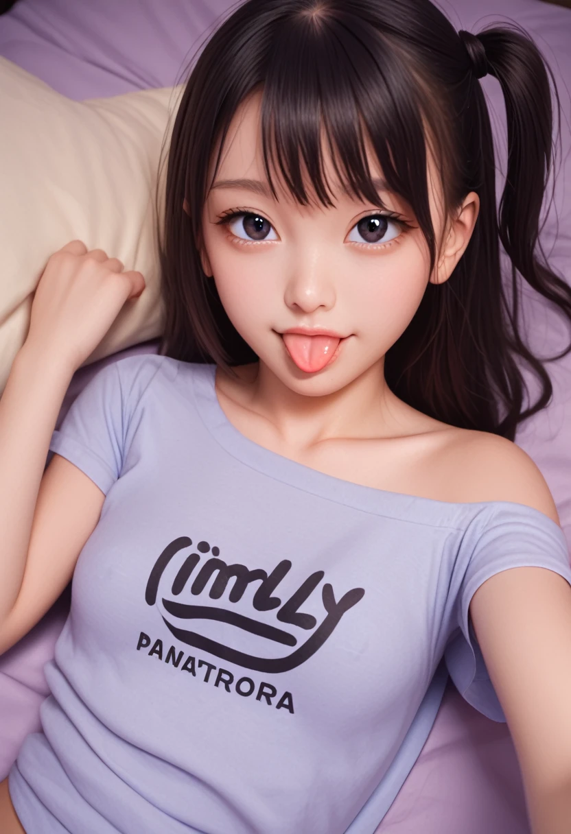 ollarbone,pastel colors t-shirt,off-shoulder look,bare shoulder,midriff peek,tring panties,open mouth,(tongue out:2),lying,Selfie,looking ahead,from above,front view,upper body,(1girl,Beautiful 14 year old girl),((Slender,Small breasts,Small face,)),looking at viewer,Black Hair,bangs,one side up,Beautiful and detailed,Mischievous smile,(Dimly lit room:1.5),Simple Background,bed,pillow,best quality,Brilliant Quality
