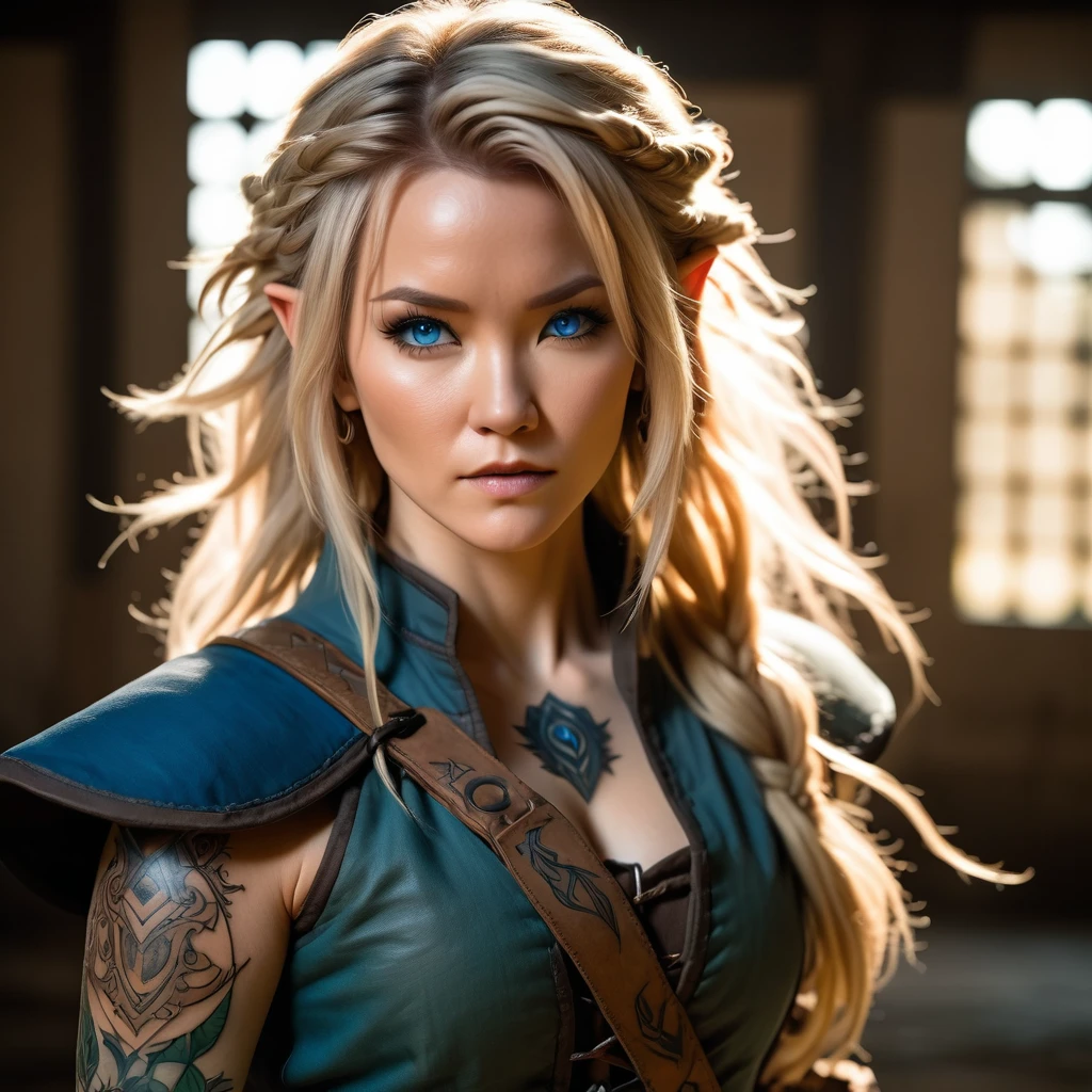 (1 female:1.5), solo, wearing gambeson, ((rune tattoos)), ((Face tattoos)), fullbody, attacking viewer with fists, detailed elf druid girl, slim body, (smirk:1.1), (nose blush:1.1), (big blue eyes:1.1), (blond hair:1.1), beautiful detailed face, messy hair, (hairstyle:sitecut), cinematic lighting, shot on canon 5d, Greg Rutkowski, Yoji Shinkawa:0.6,