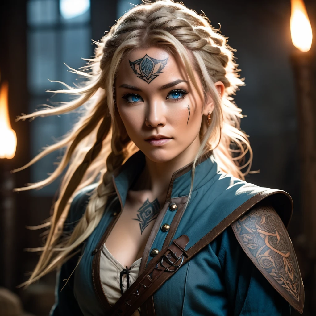 (1 female:1.5), solo, wearing gambeson, ((rune tattoos)), ((Face tattoos)), fullbody, attacking viewer with fists, detailed elf druid girl, slim body, (smirk:1.1), (nose blush:1.1), (big blue eyes:1.1), (blond hair:1.1), beautiful detailed face, messy hair, (hairstyle:sitecut), cinematic lighting, shot on canon 5d, Greg Rutkowski, Yoji Shinkawa:0.6,