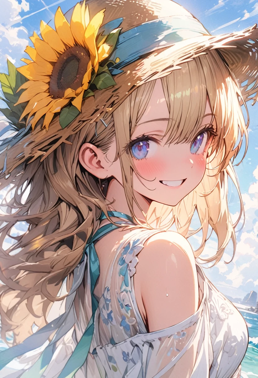 cute girl, wearing a off_shoulder wear, denim jeans, straw hat, smile, (masterpiece, best quality, highly detailed, ultra detailed, absurdres:1.3), (1girl, cute, charming, detailed beautiful face:1.3), (fantastic illustration, beautiful detail, best quality, top quality, high quality, fain touch outline:1.3), watercolor, clear, beautiful detail, background sunflower field, blue sky, summer, beautiful detail, full body