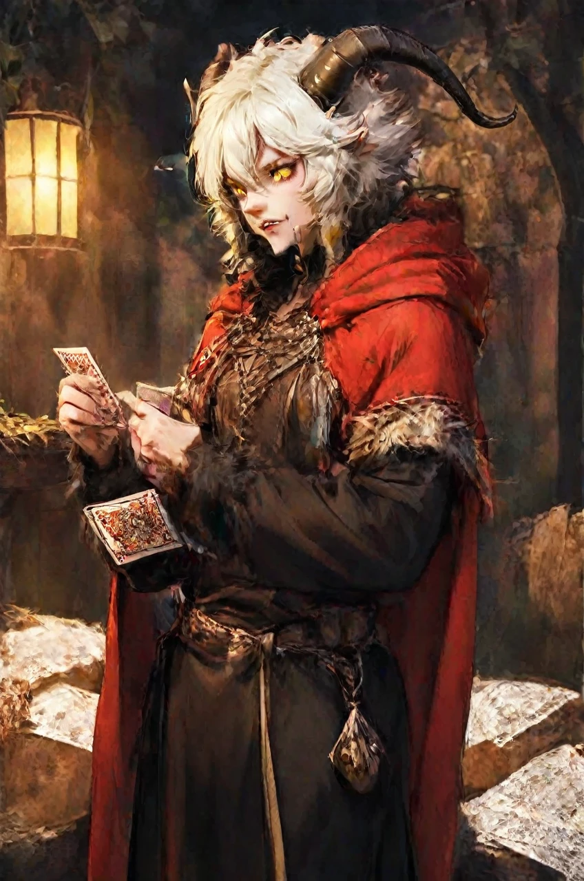 Satyr, medieval clothing, red cloak, yellow eyes, black horns, holding playing cards
