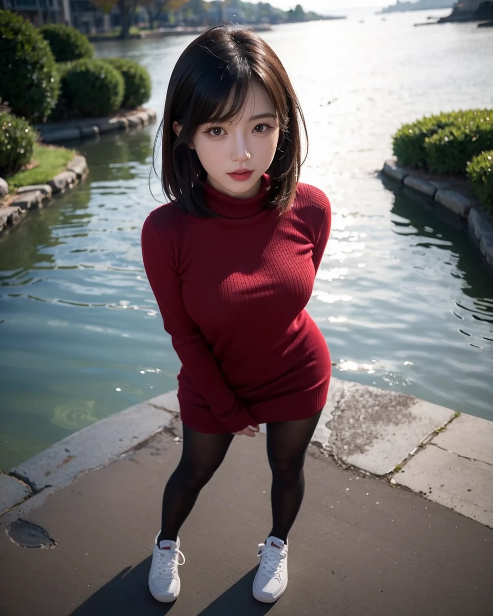 Beautiful Chinese waifu, early 30s, brunette hair, sweater dress, black stockings, trainers 