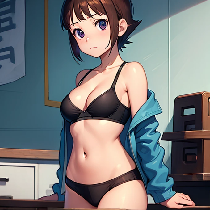 (((masterpiece))), Hoshino Sumire, 1girl, solo, looking at viewer, short hair, brown hair, long sleeves, cleavage, medium breasts, closed mouth, collarbone, jacket, open clothes, open jacket, blue jacket, ground vehicle, sports bra, bicycle,