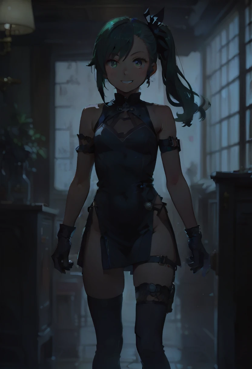 score_9, score_8_up, source_anime,
asanagi, by muk \(monsieur\)
BREAK,
1girl,ubel, side ponytail, dark green hair,
black gloves, black dress, thigh strap, arm strap, kneehighs,
facing viewer, slight smile,
indoors