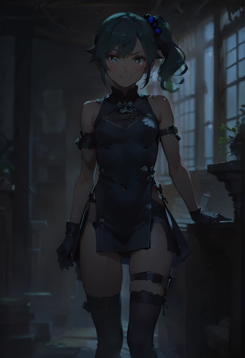 score_9, score_8_up, source_anime,
asanagi, by muk \(monsieur\)
BREAK,
1girl,ubel, side ponytail, dark green hair,
black gloves, black dress, thigh strap, arm strap, kneehighs,
facing viewer, slight smile,
indoors