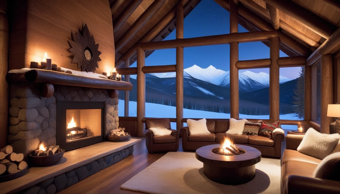 at night, frontal shot rustic mountain lodge, the warm light of the fireplace reflects inside the lodge, creating a cozy atmosphere. Dark wood, furs, and thick textiles add a rustic touch, Large windows frame a snow-covered valley bathed in the light of the full moon